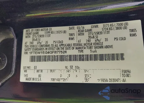 2016 Ford F-150 King Ranch z USA, uszkodzony, nr VIN 1FTEW1EG4GFB77528